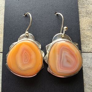 Peach Banded Agate Gemstone Earrings in Funky Modern Setting (2")